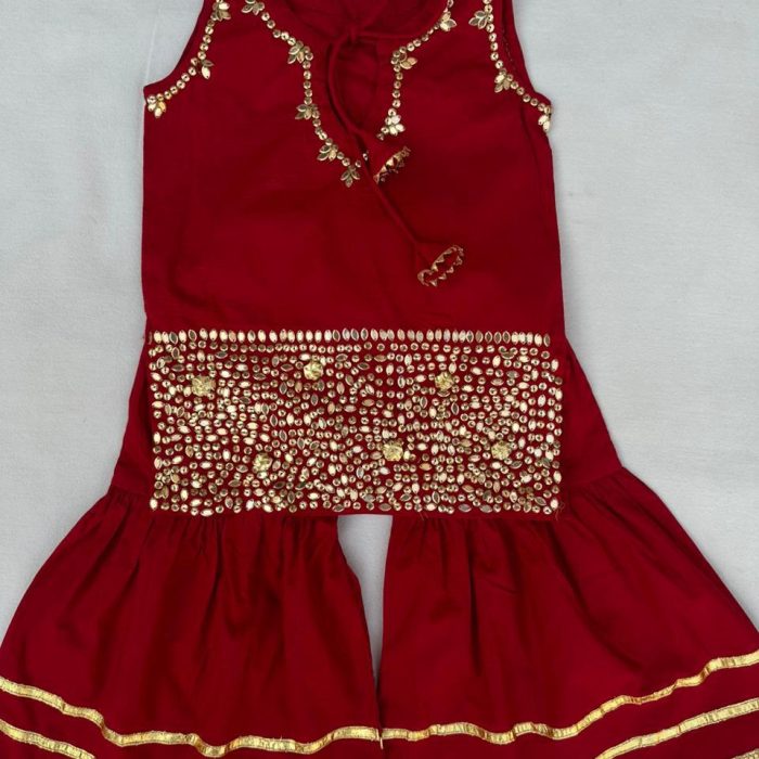 Fresh Red 2-Piece Gharara Set with Golden Sitara Work