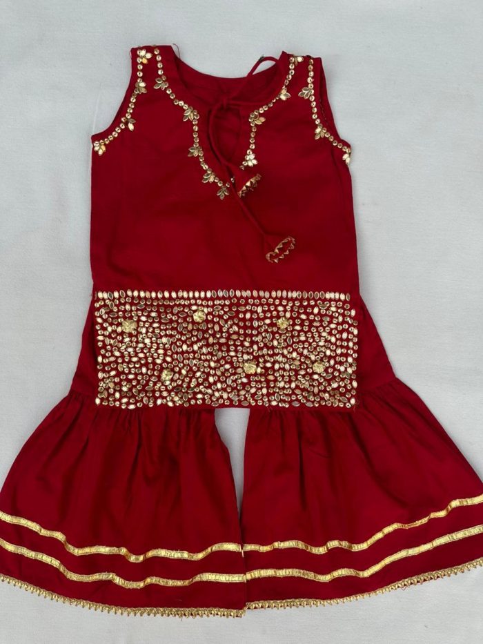 Fresh Red 2-Piece Gharara Set with Golden Sitara Work