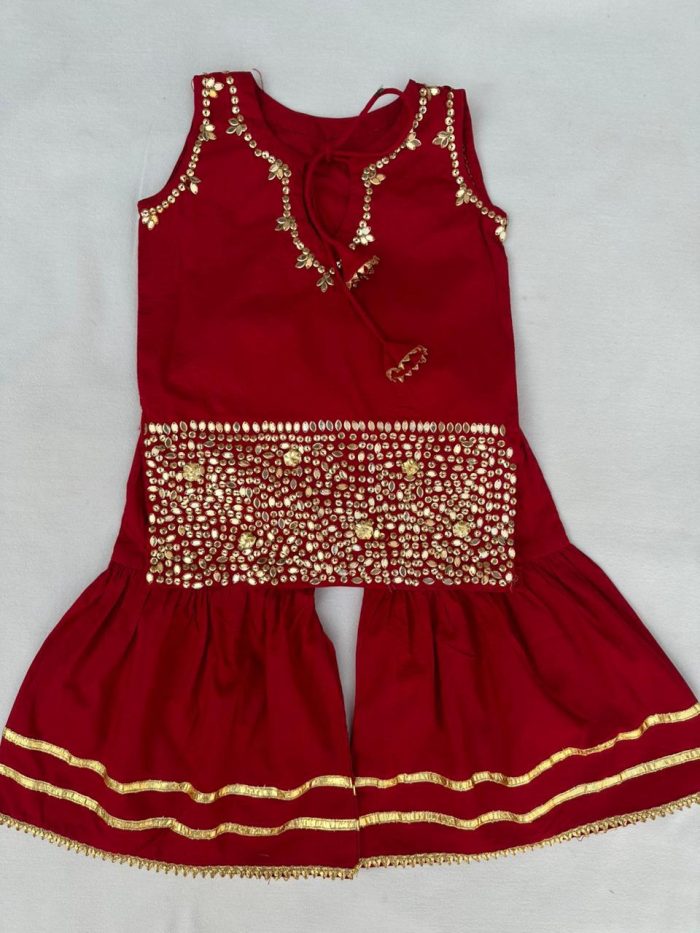 Fresh Red 2-Piece Gharara Set with Golden Sitara Work - Image 2