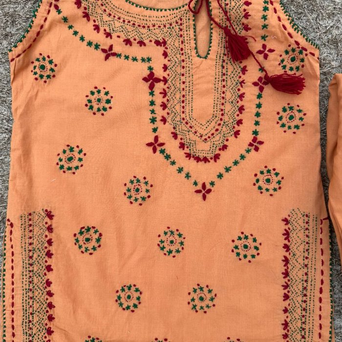 Rosy Dusk – Light Peach 2-Piece with Green & Maroon Embroidery