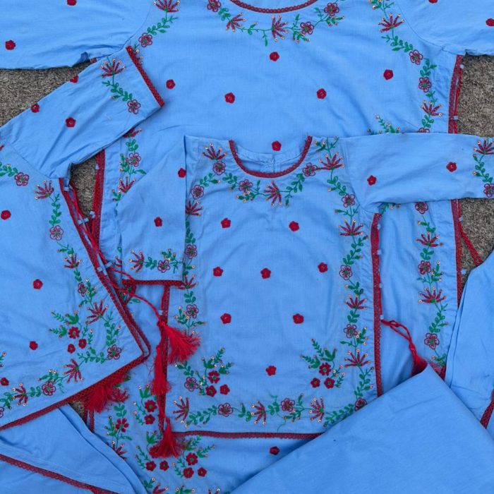 Sky Blue Elegance – Luxury Lawn Ensemble with Red Handmade Embroidery