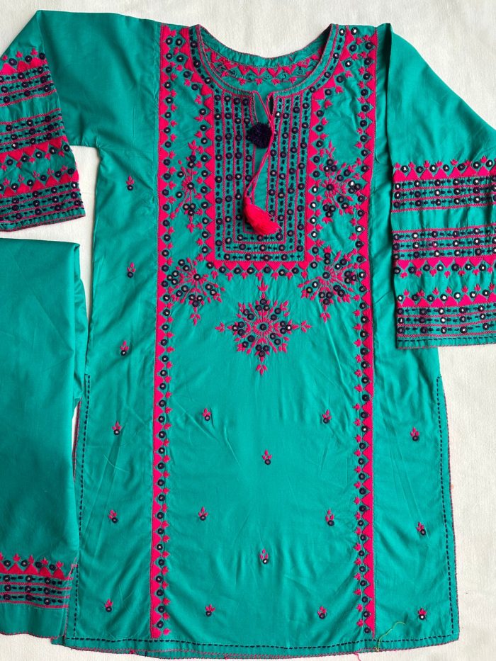 Jhalak-e-Bahar – Cool Green Ensemble with Shocking Pink Mirror Embroidery - Image 2