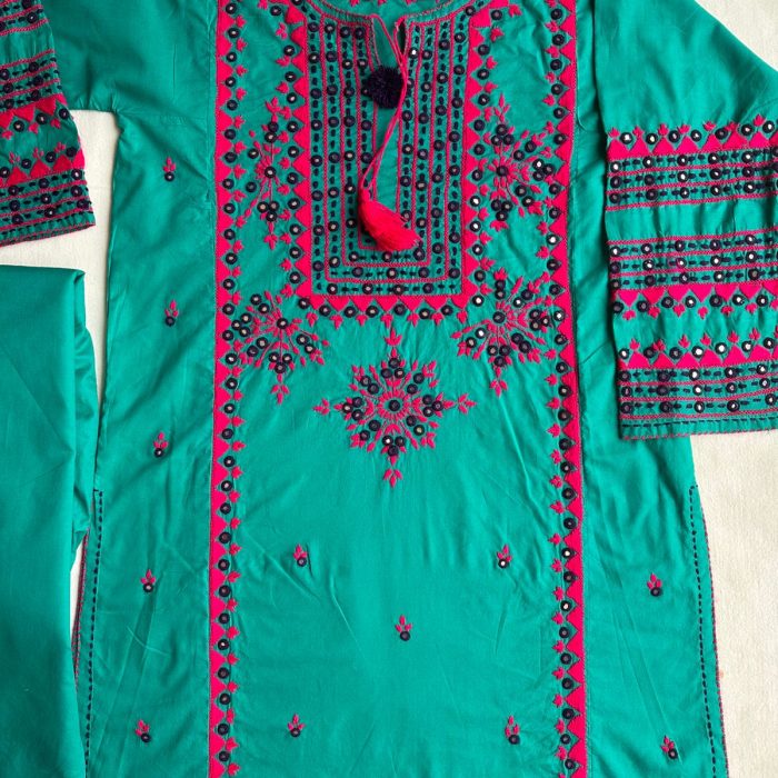 Jhalak-e-Bahar – Cool Green Ensemble with Shocking Pink Mirror Embroidery