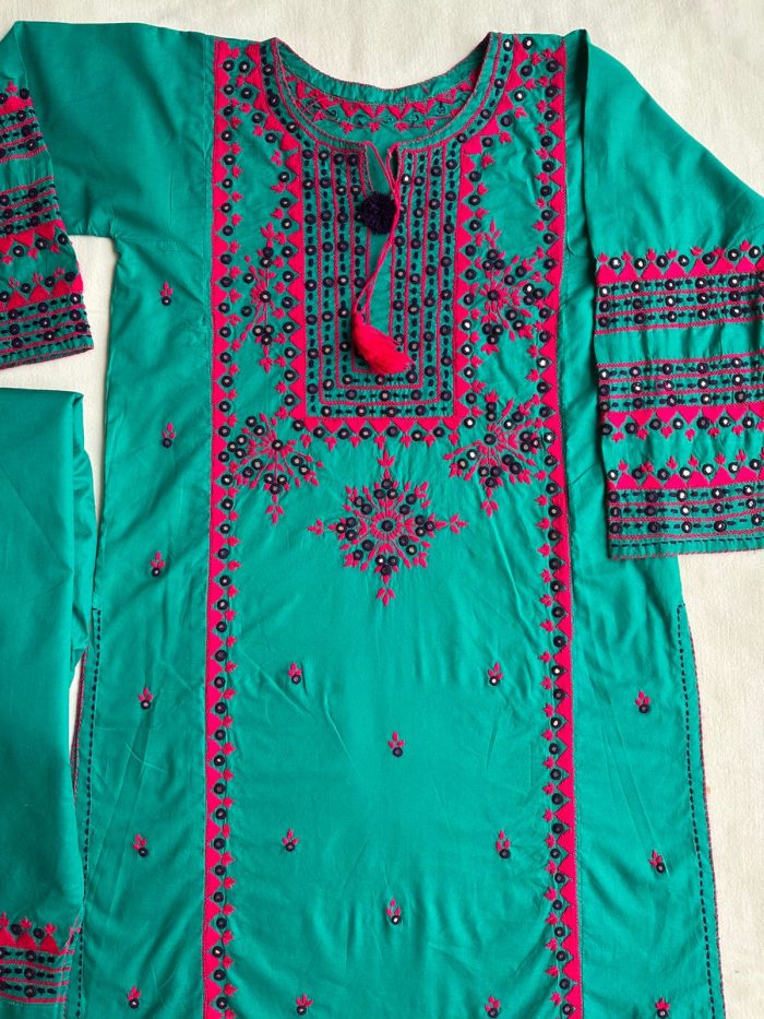 Jhalak-e-Bahar – Cool Green Ensemble with Shocking Pink Mirror Embroidery