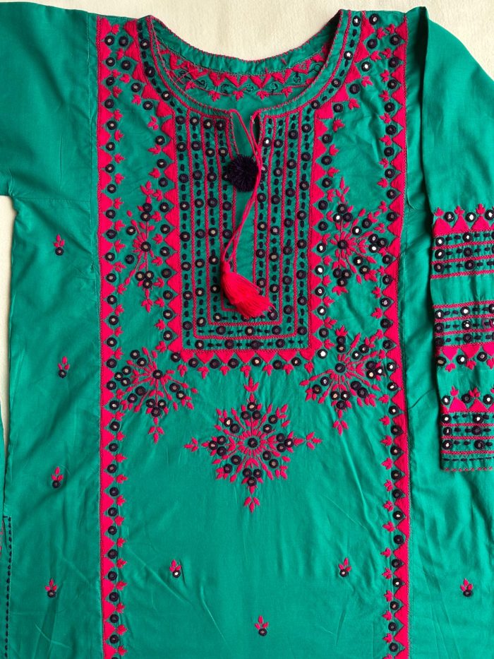 Jhalak-e-Bahar – Cool Green Ensemble with Shocking Pink Mirror Embroidery - Image 5