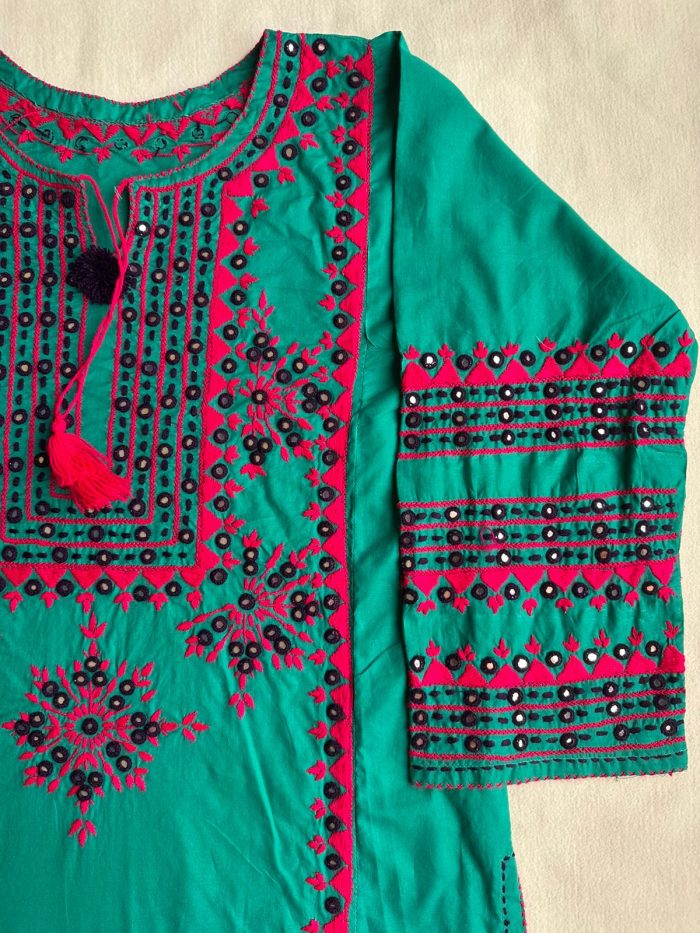 Jhalak-e-Bahar – Cool Green Ensemble with Shocking Pink Mirror Embroidery - Image 4