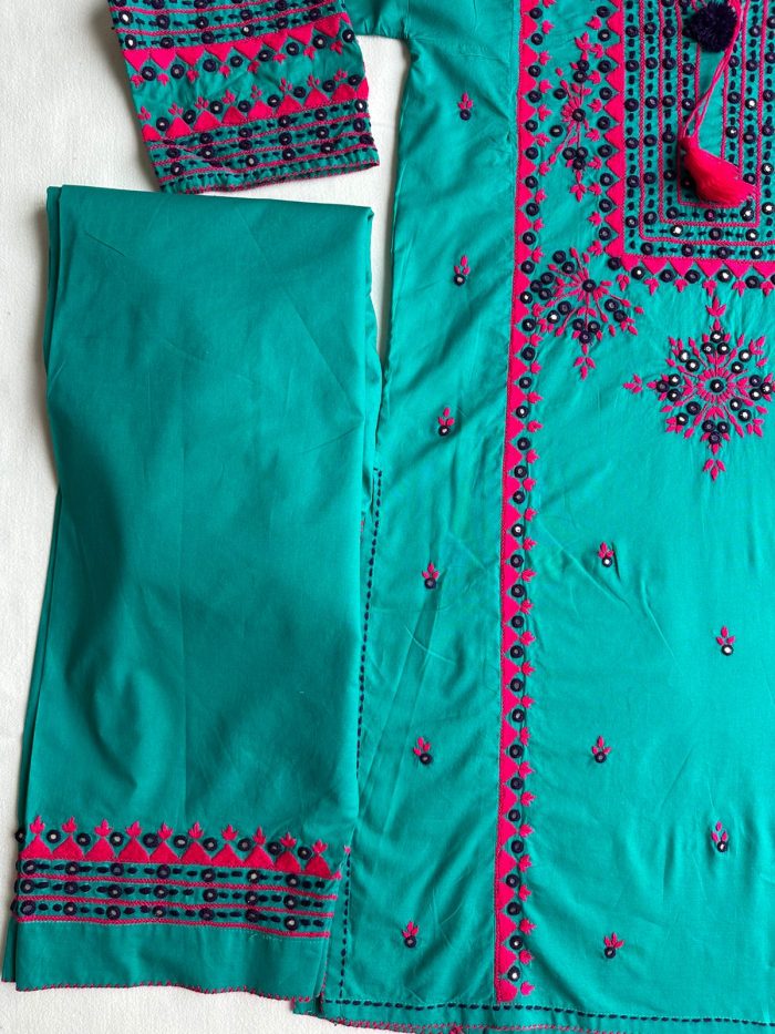 Jhalak-e-Bahar – Cool Green Ensemble with Shocking Pink Mirror Embroidery - Image 7