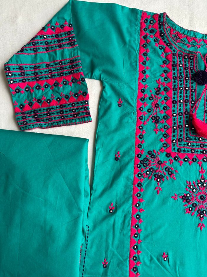 Jhalak-e-Bahar – Cool Green Ensemble with Shocking Pink Mirror Embroidery - Image 3