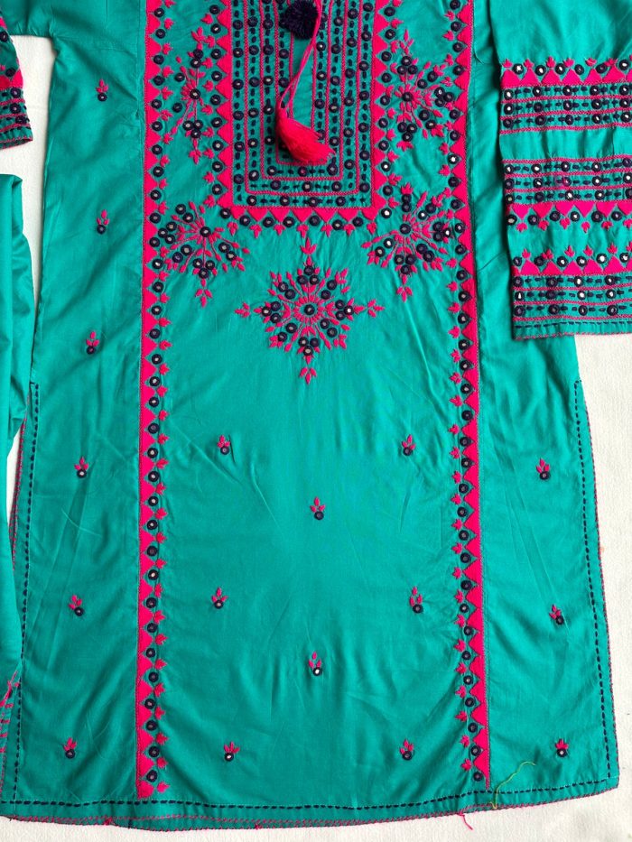 Jhalak-e-Bahar – Cool Green Ensemble with Shocking Pink Mirror Embroidery - Image 6