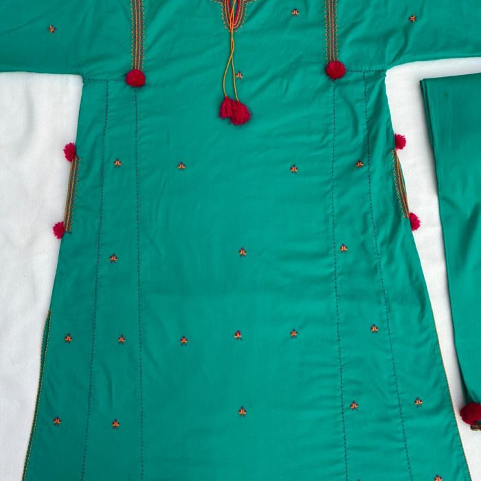 Light Green with Shocking Pink Handmade Embroidery