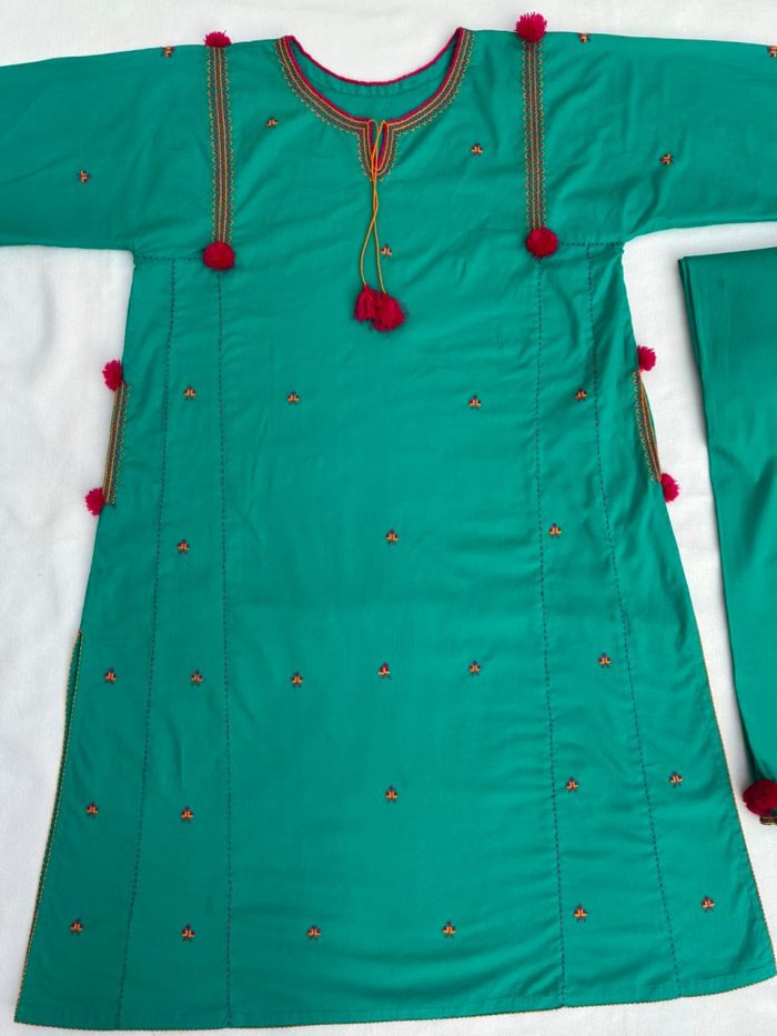 Light Green with Shocking Pink Handmade Embroidery