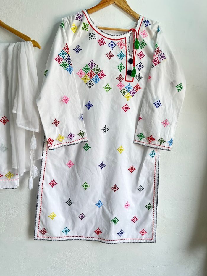White Blossom – Multicolor Hand Embroidered Lawn - Image 2