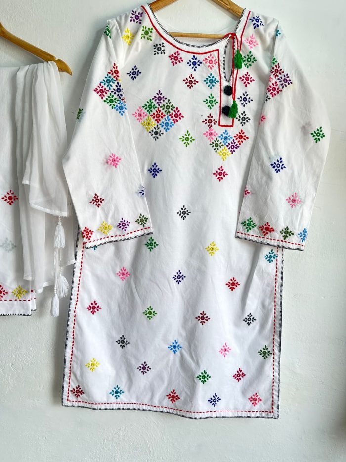 White Blossom – Multicolor Hand Embroidered Lawn - Image 7