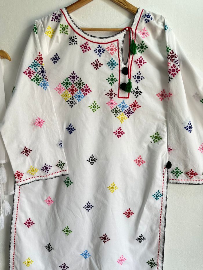 White Blossom – Multicolor Hand Embroidered Lawn - Image 6
