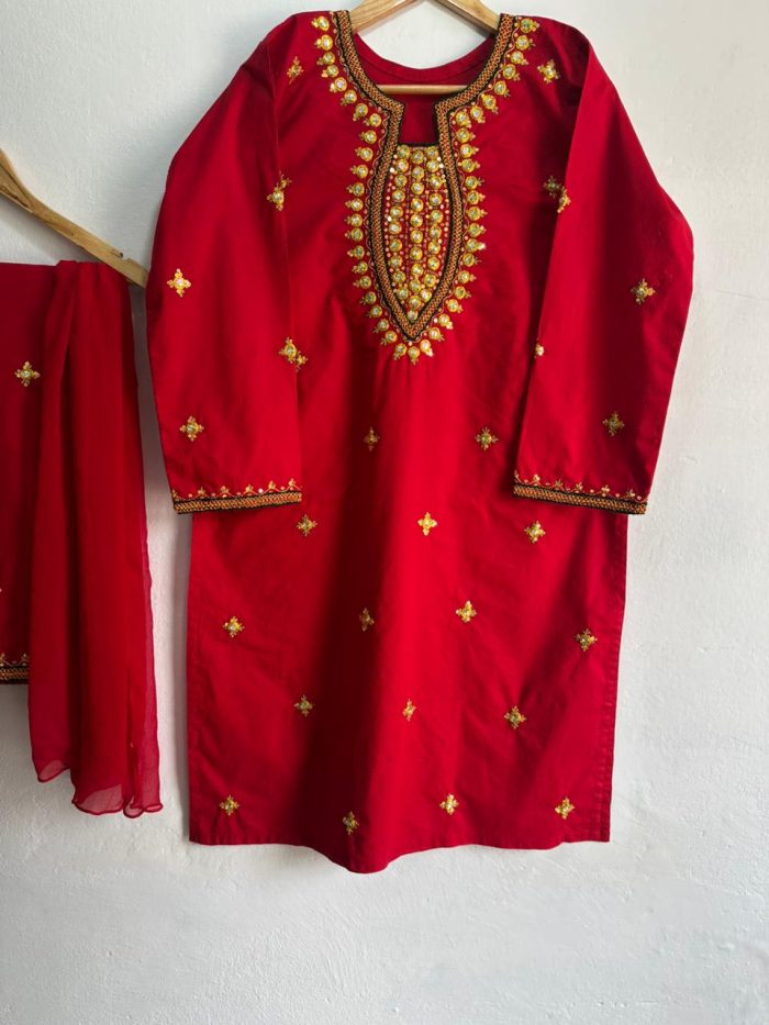 Royal Ruby – Handcrafted Red Dress with Golden Tilla & Pearl Work - Image 8