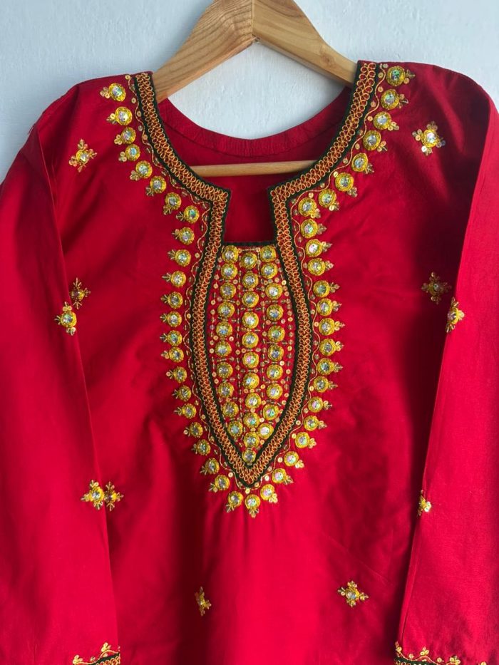 Royal Ruby – Handcrafted Red Dress with Golden Tilla & Pearl Work - Image 2