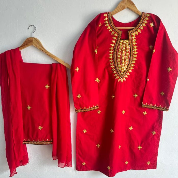 Royal Ruby – Handcrafted Red Dress with Golden Tilla & Pearl Work
