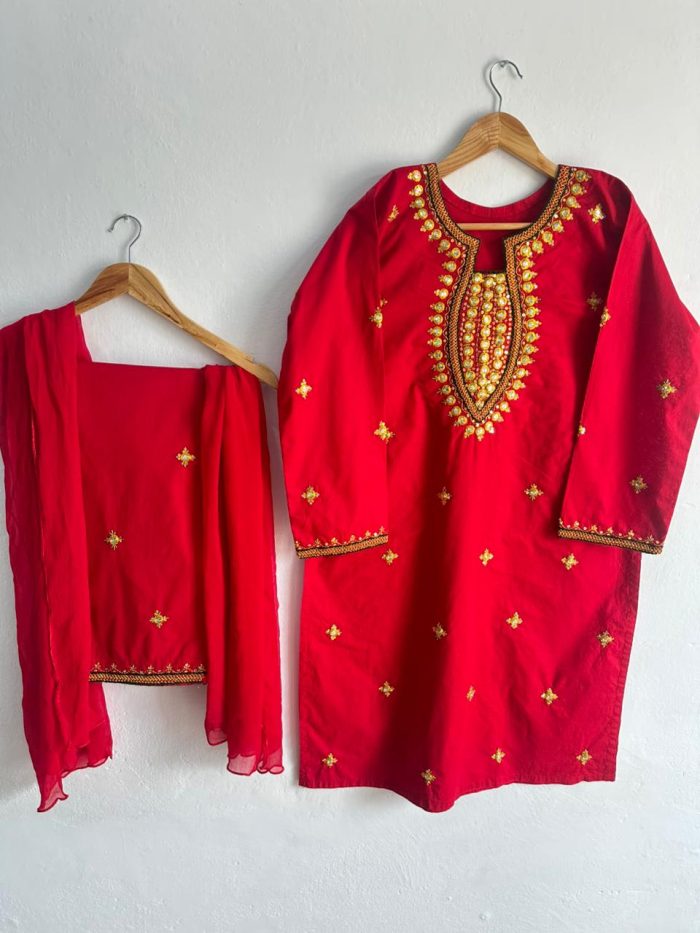 Royal Ruby – Handcrafted Red Dress with Golden Tilla & Pearl Work