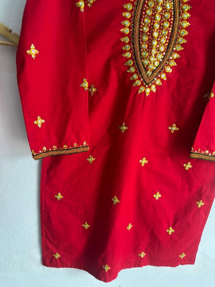Royal Ruby – Handcrafted Red Dress with Golden Tilla & Pearl Work - Image 3