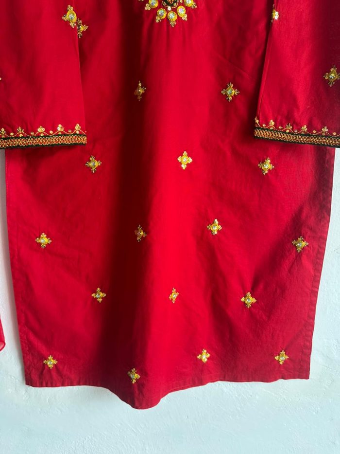 Royal Ruby – Handcrafted Red Dress with Golden Tilla & Pearl Work - Image 5