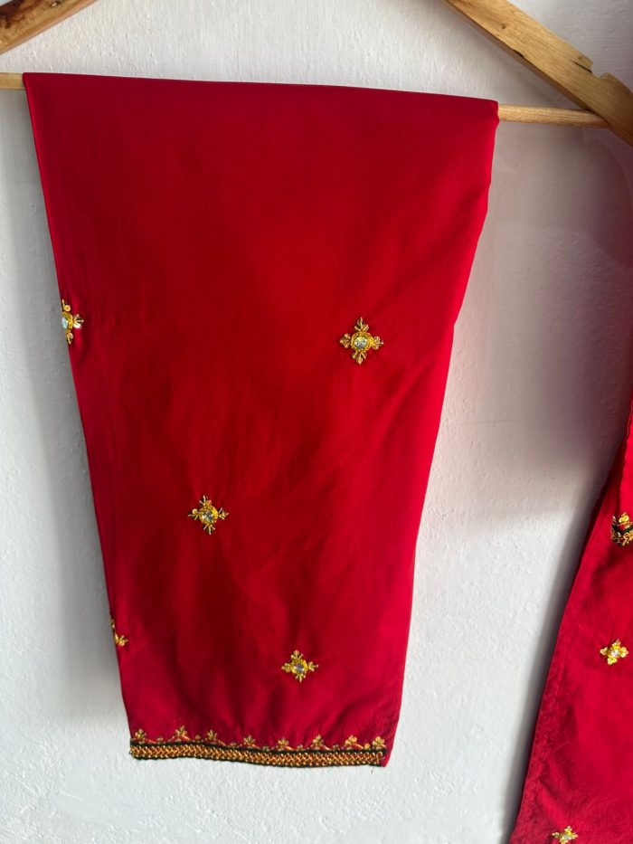 Royal Ruby – Handcrafted Red Dress with Golden Tilla & Pearl Work - Image 6