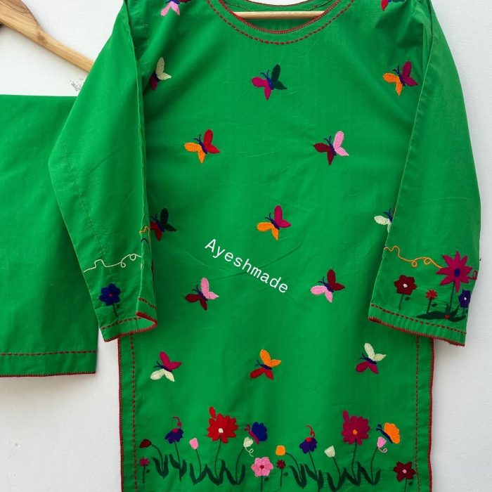 Emerald Bloom – Hand Embroidered Butterfly