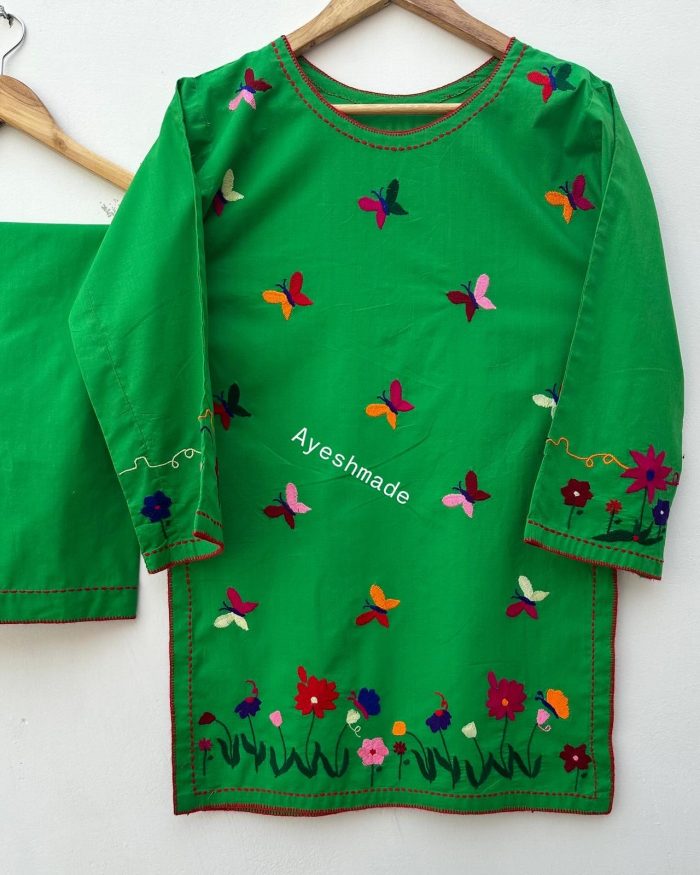 Emerald Bloom – Hand Embroidered Butterfly