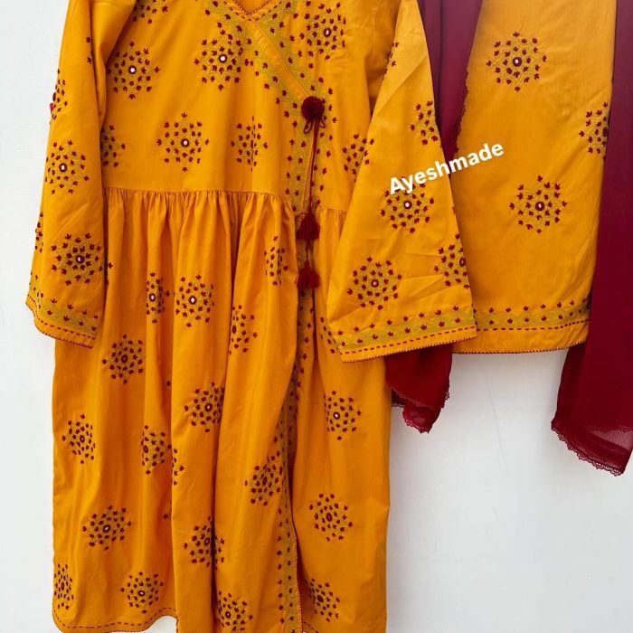 Sunset Royalty – Yellow Angrakha with Mehroon Embroidery