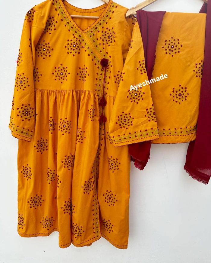 Sunset Royalty – Yellow Angrakha with Mehroon Embroidery