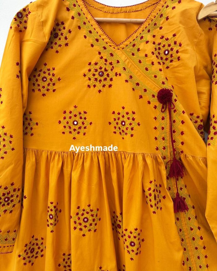 Sunset Royalty – Yellow Angrakha with Mehroon Embroidery - Image 2