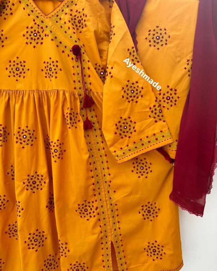 Sunset Royalty – Yellow Angrakha with Mehroon Embroidery - Image 4