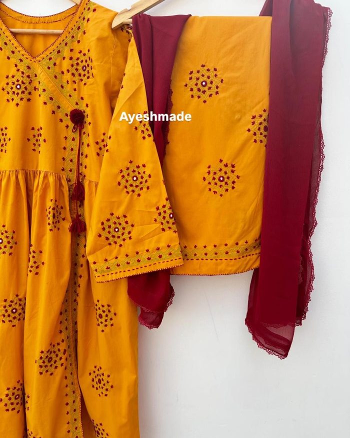 Sunset Royalty – Yellow Angrakha with Mehroon Embroidery - Image 7