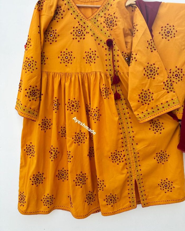 Sunset Royalty – Yellow Angrakha with Mehroon Embroidery - Image 5