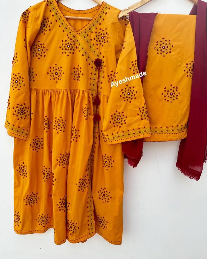 Sunset Royalty – Yellow Angrakha with Mehroon Embroidery - Image 6