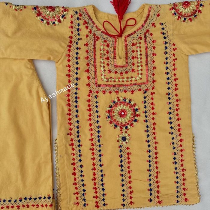 "Threaded Sunshine – Red & Blue Charm in Yellow Hue"