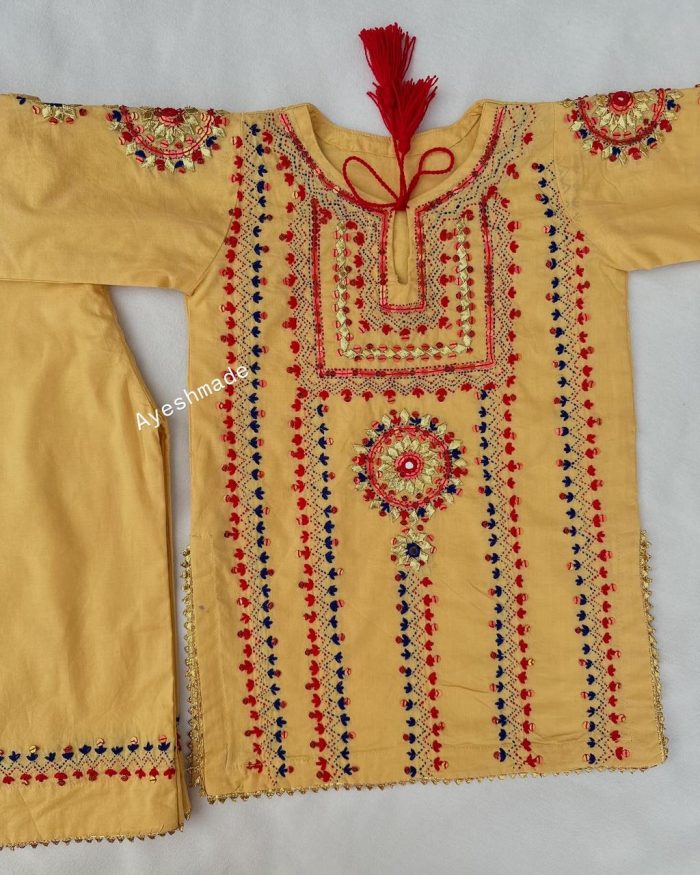 "Threaded Sunshine – Red & Blue Charm in Yellow Hue"