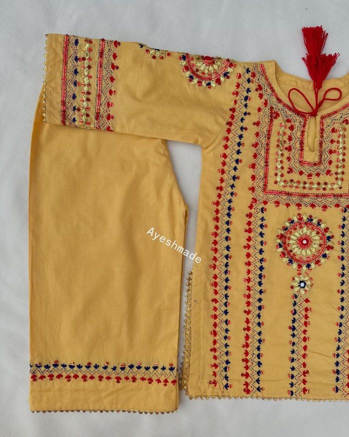 "Threaded Sunshine – Red & Blue Charm in Yellow Hue" - Image 3