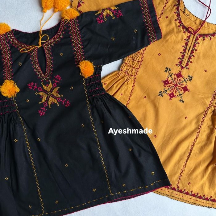 "Twin Elegance – Black & Mustard Dasooti Embroidered Frock