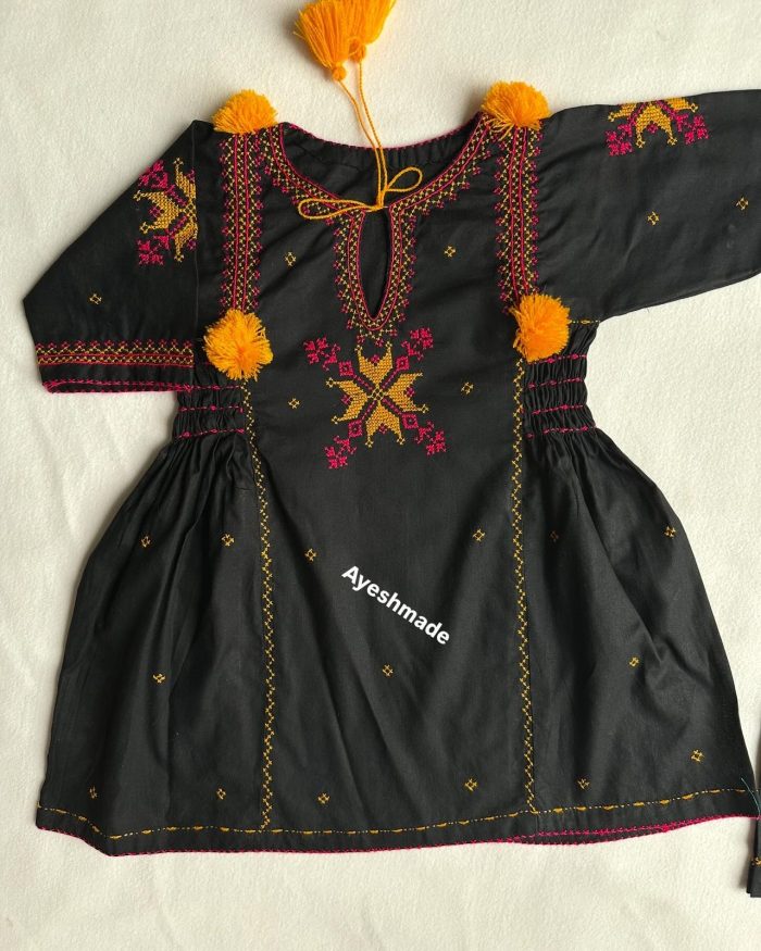 "Twin Elegance – Black & Mustard Dasooti Embroidered Frock - Image 2