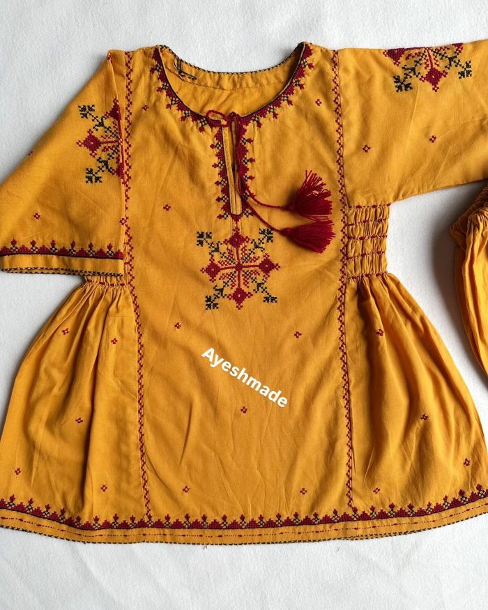 "Twin Elegance – Black & Mustard Dasooti Embroidered Frock - Image 3