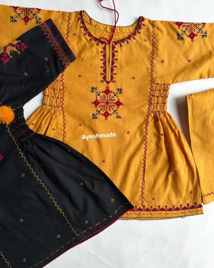 "Twin Elegance – Black & Mustard Dasooti Embroidered Frock - Image 4