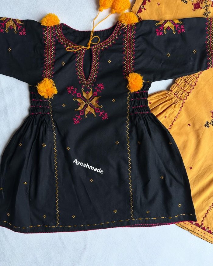 "Twin Elegance – Black & Mustard Dasooti Embroidered Frock - Image 6