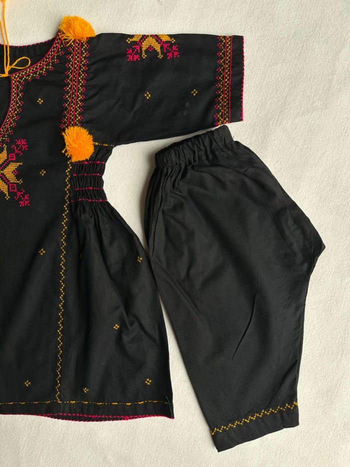 "Twin Elegance – Black & Mustard Dasooti Embroidered Frock - Image 8