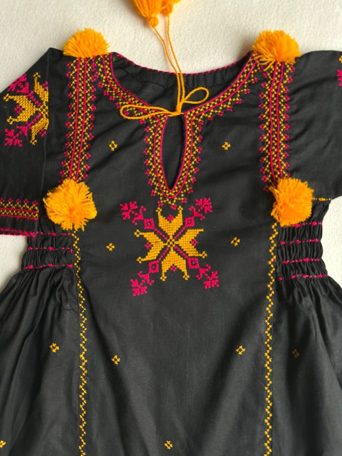 "Twin Elegance – Black & Mustard Dasooti Embroidered Frock - Image 9