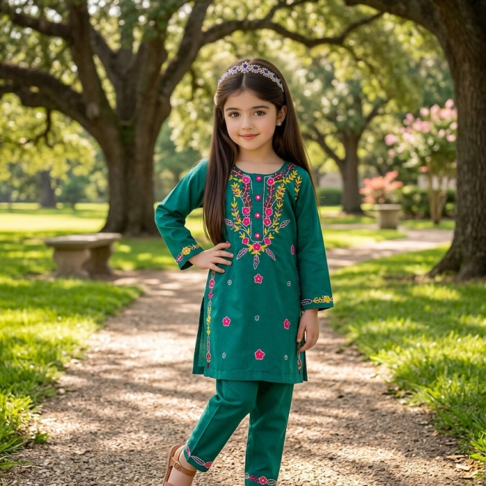 Emerald Blossom – Hand Embroidered Lawn Dress