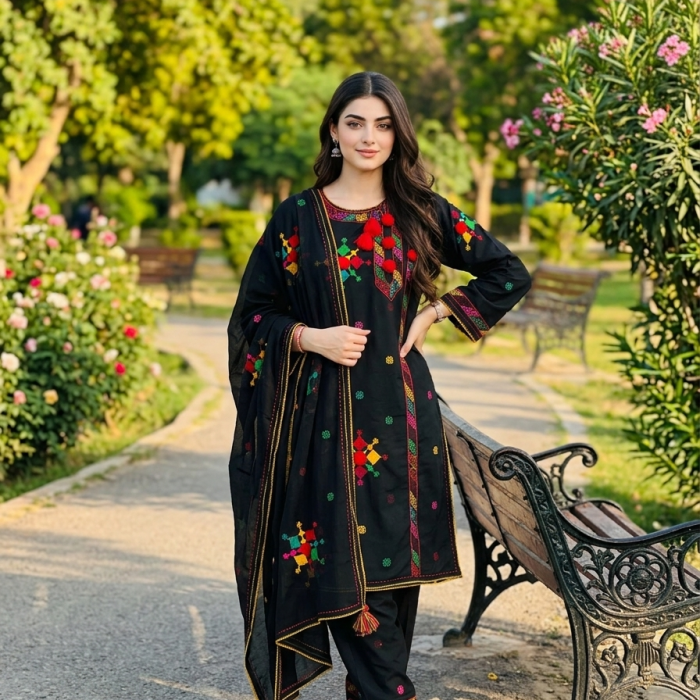 Noir Elegance Embroidered 3-Piece Suit