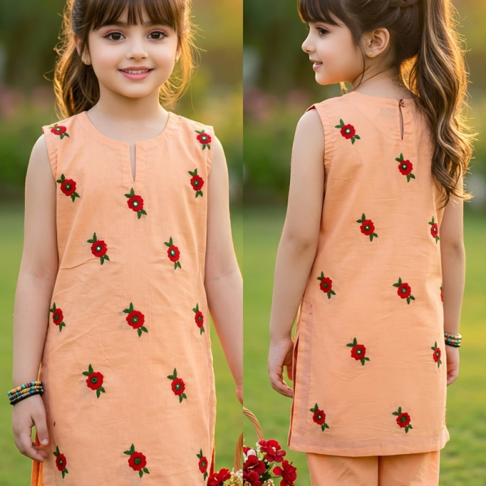 Peach Blossom Elegance – Hand Embroidered Sleeveless Lawn Suit