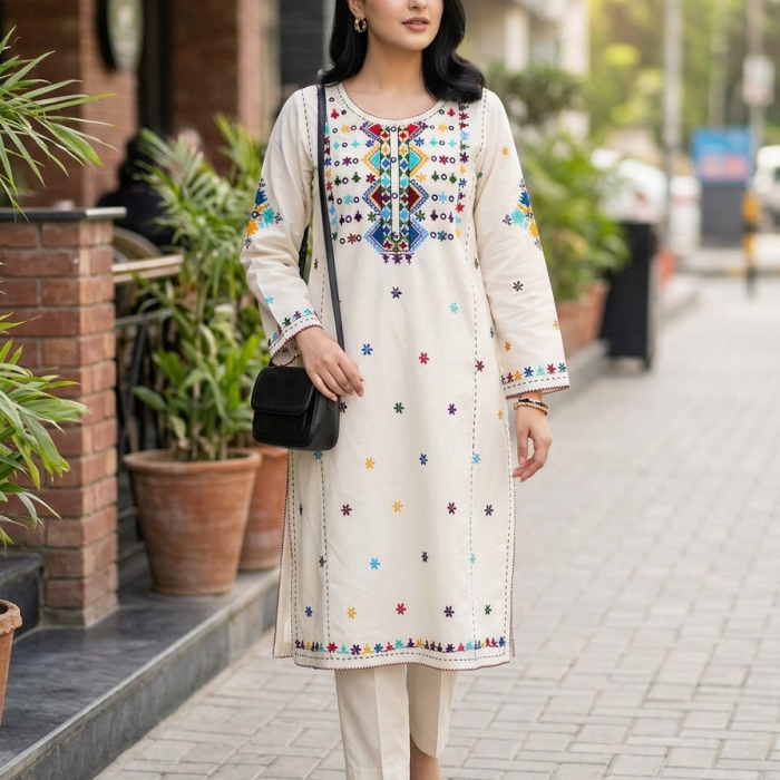 Ivory Elegance Multi-Color Hand Embroidered Gala Dress