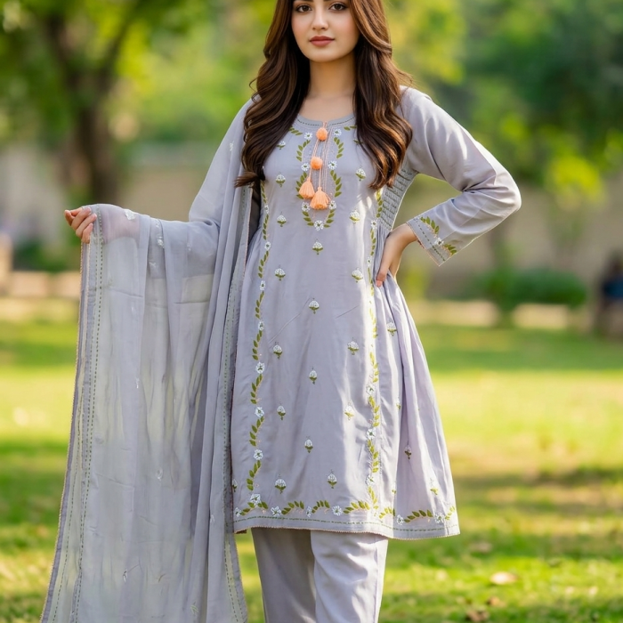 Silver Grace – Hand Embroidered 3 Piece Frock
