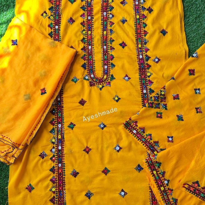 Yellow Multi-Color Embroidered Mirror Work 3-Piece Suit